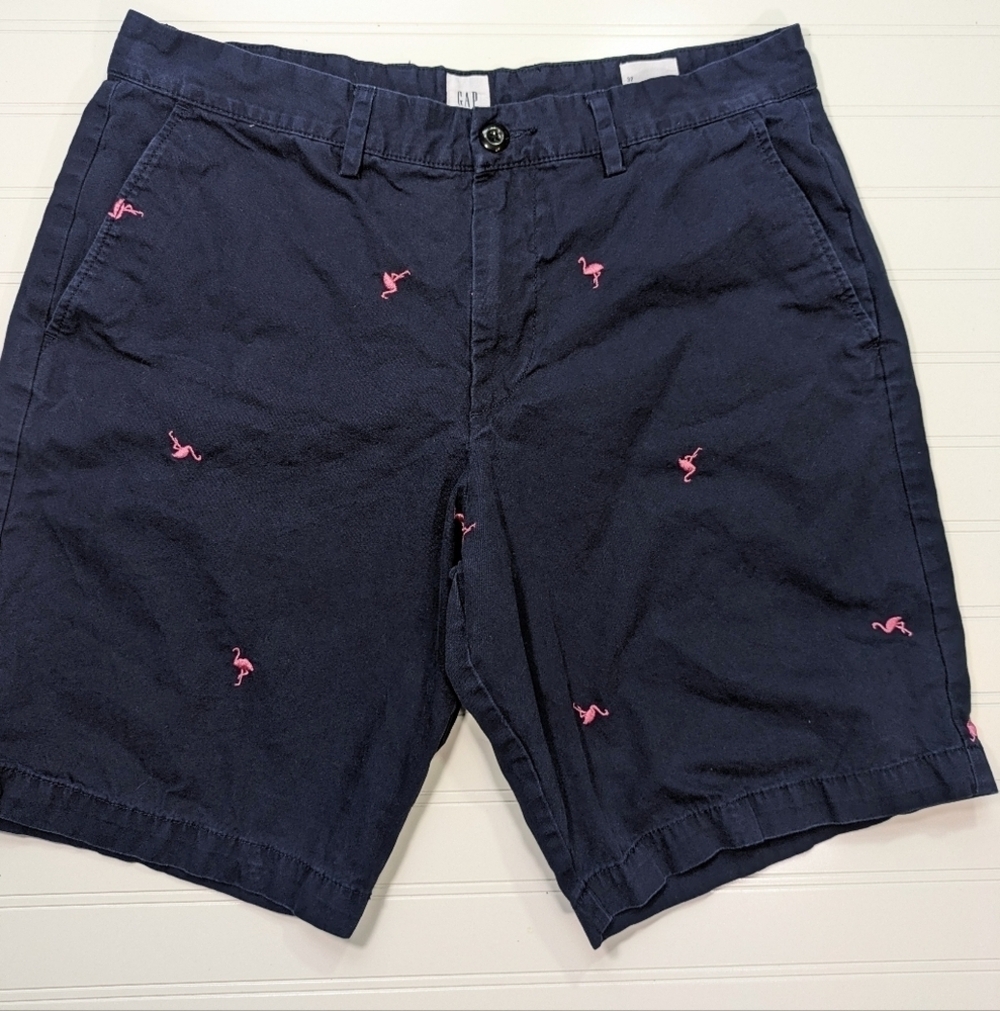 GAP Navy Cotton Woven Shorts Embroidered Pink Flamingos